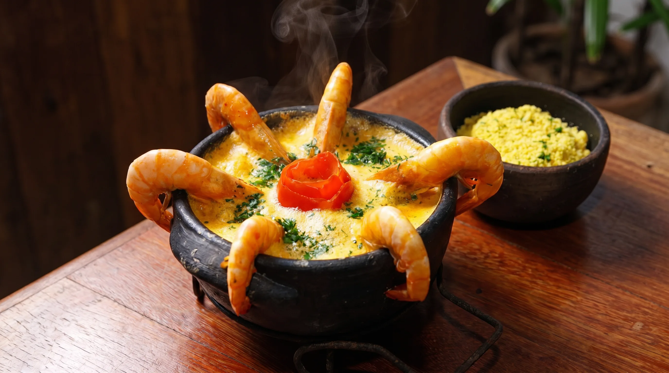 Moqueca de camarão fumegante em panela de barro